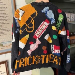 RARE Vintage 90s Halloween Cardigan Sweater Trick or Treat Size Large Unique